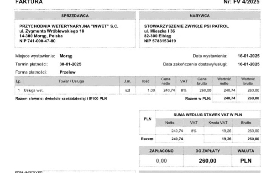 
        Faktura z danymi firmy, datą i szczegółami transakcji.
    
