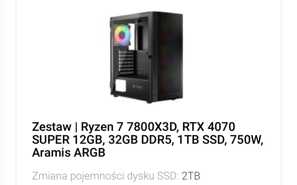 
        Zestaw komputerowy z nowoczesnymi podzespołami i kolorowym wentylatorem.
    