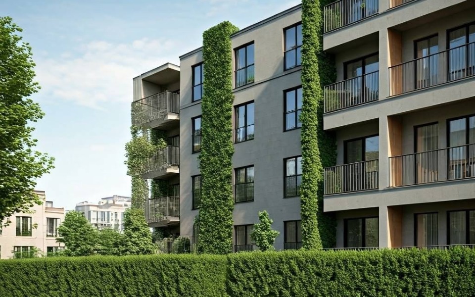 
        Nowoczesny budynek mieszkalny z zielonymi roślinami.
    