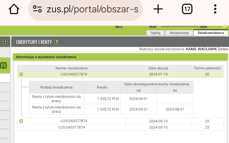 
        Zrzut ekranu z portalu ZUS, informacje o świadczeniach.
    