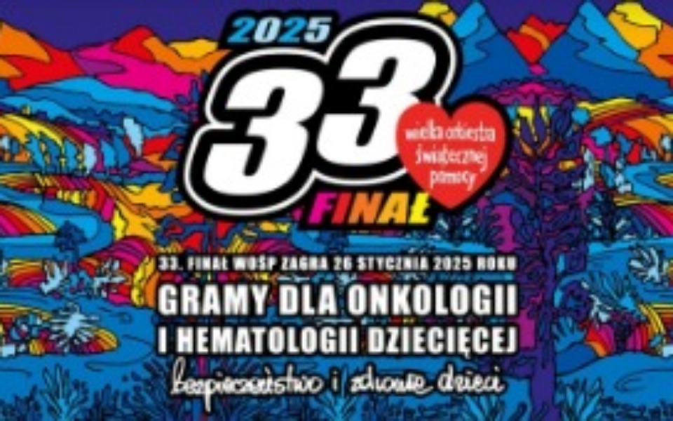 
        Plakat 33. Finału WOŚP z datą i hasłem o pomocy dla dzieci.
    