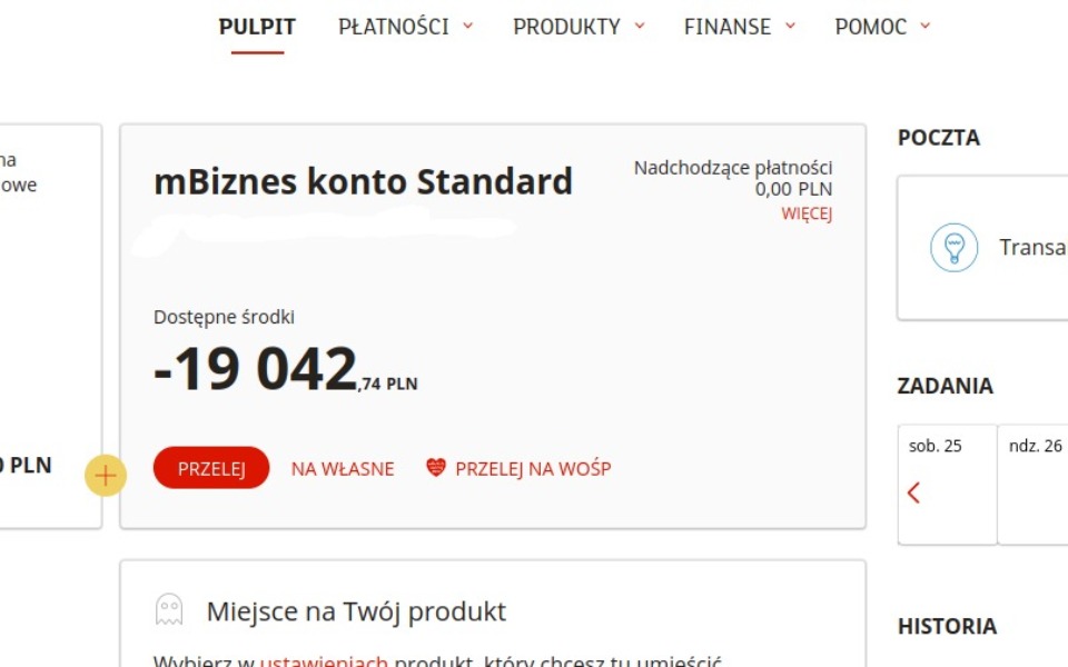 
        Zrzut ekranu z konta bankowego z ujemnym saldem.
    