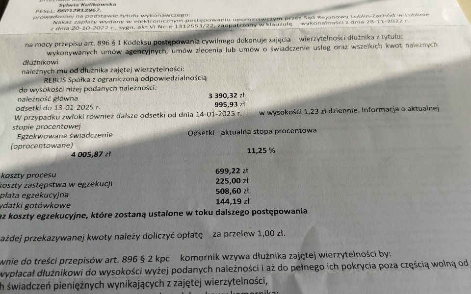 
        Dokument z informacjami o kosztach postępowania sądowego.
    