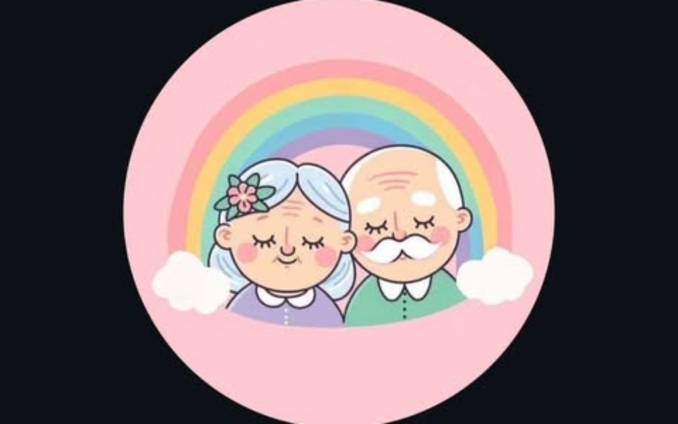 
        Ilustracja starszej pary z tęczą w tle.
    