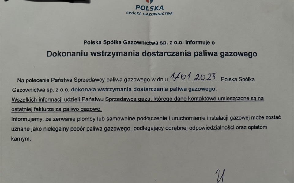 
        Dokument informujący o wstrzymaniu dostarczania gazu.
    