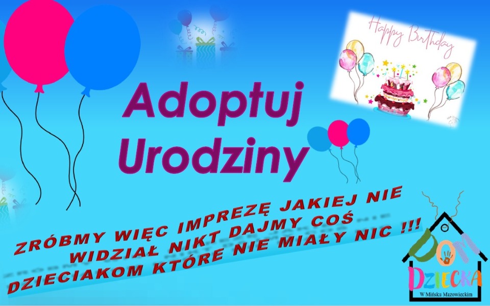 Kolorowy plakat urodzinowy z napisem 'Adoptuj Urodziny'.