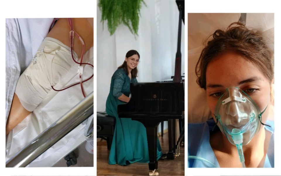 
        Trzy zdjęcia przedstawiające osobę w szpitalu i przy fortepianie.
    