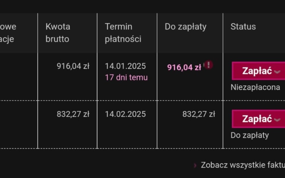 
        Zrzut ekranu z fakturą do zapłaty.
    