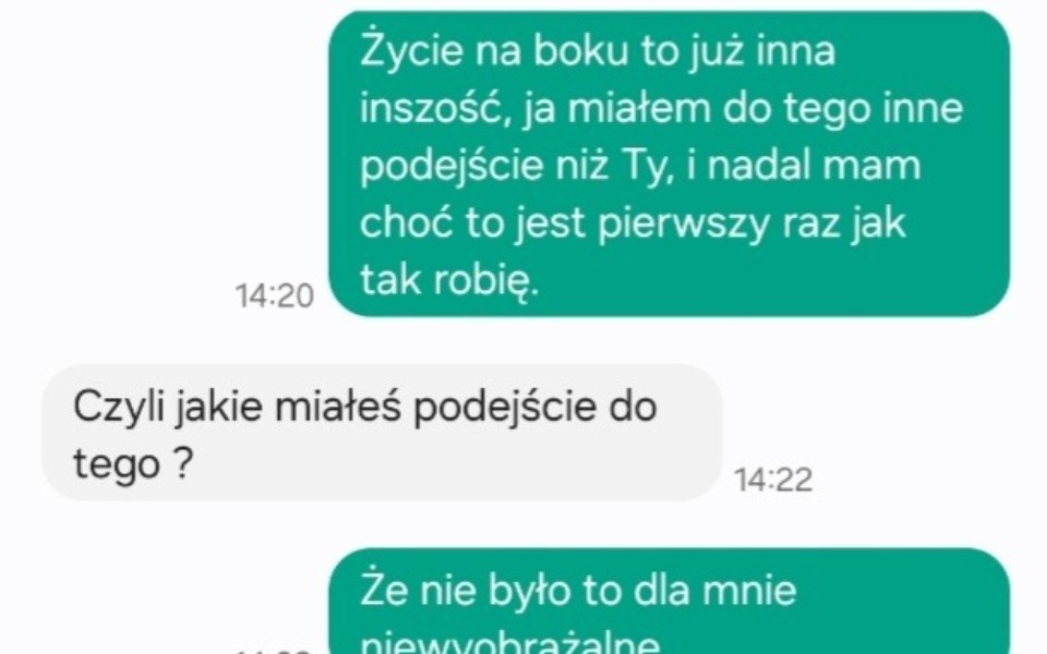 
        Rozmowa o życiu i różnych podejściach do trudnych sytuacji.
    