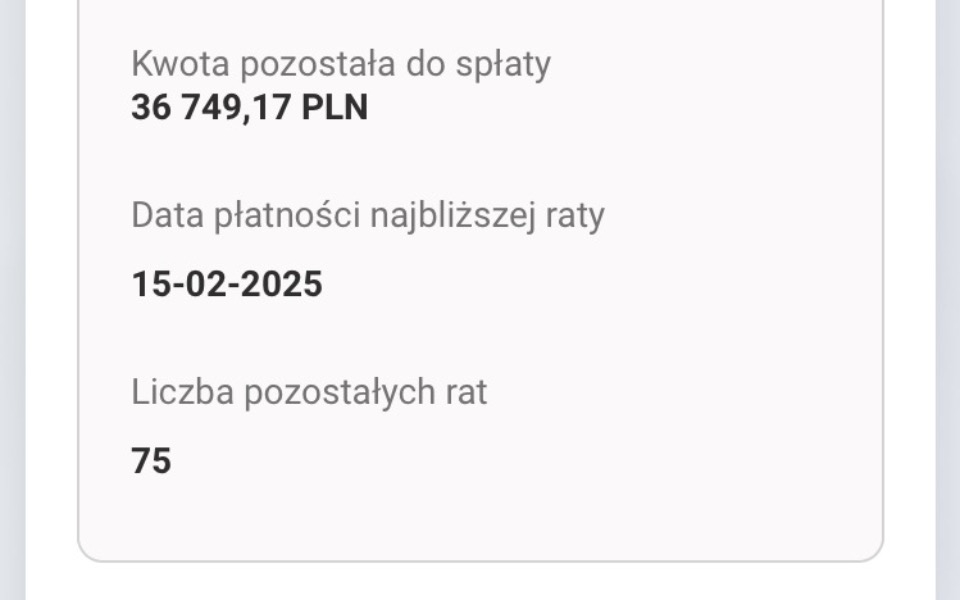 
        Informacje o płatności, kwota do spłaty 36 749,17 PLN.
    