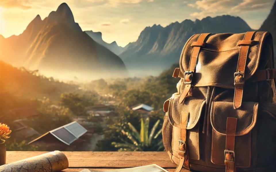 
        Plecak na stole z widokiem na górski krajobraz.
    