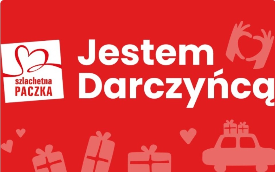 
        Plakat z napisem 'Jestem Darczyńcą' w czerwonym tle.
    