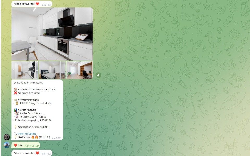 
        Zrzut ekranu z aplikacji, pokazujący mieszkanie do wynajęcia.
    