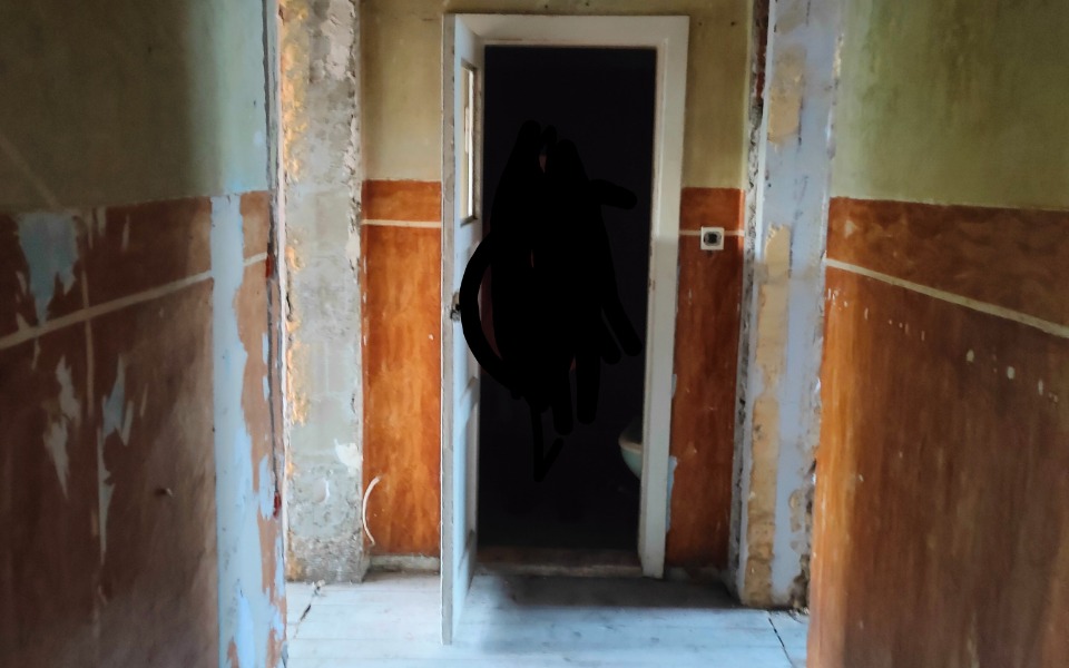 
        Pusty korytarz z otwartymi drzwiami, w tle cień.
    