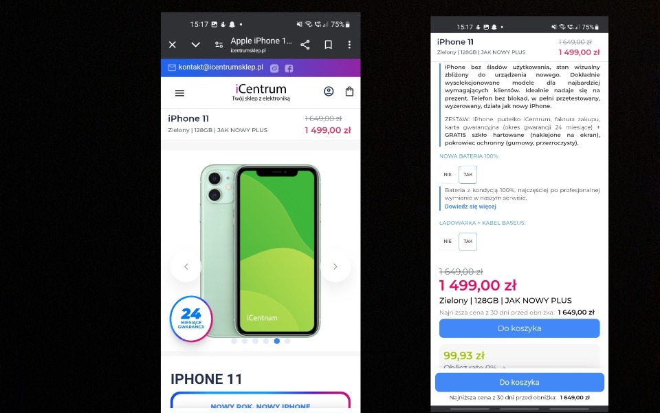 
        Zielony iPhone 11 w ofercie, cena 1499 zł.
    