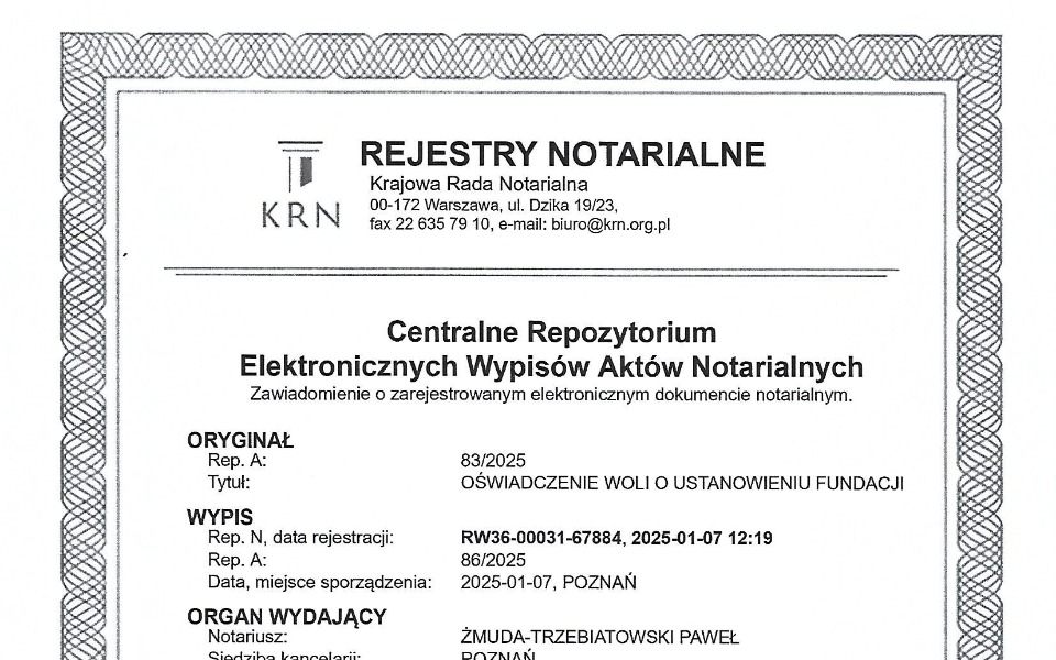 
        Dokument notarialny z informacjami o fundacji.
    