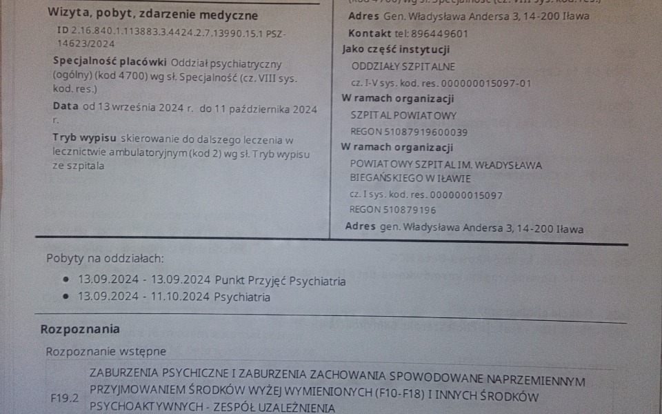 
        Dokument medyczny z informacjami o wizycie w szpitalu.
    