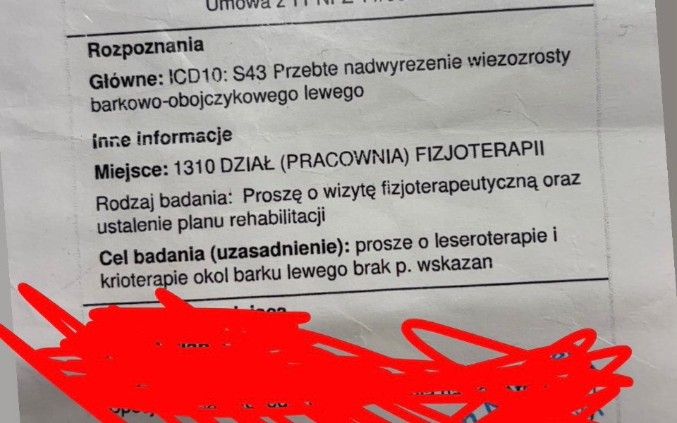 
        Dokument medyczny dotyczący fizjoterapii z informacjami o badaniu.
    