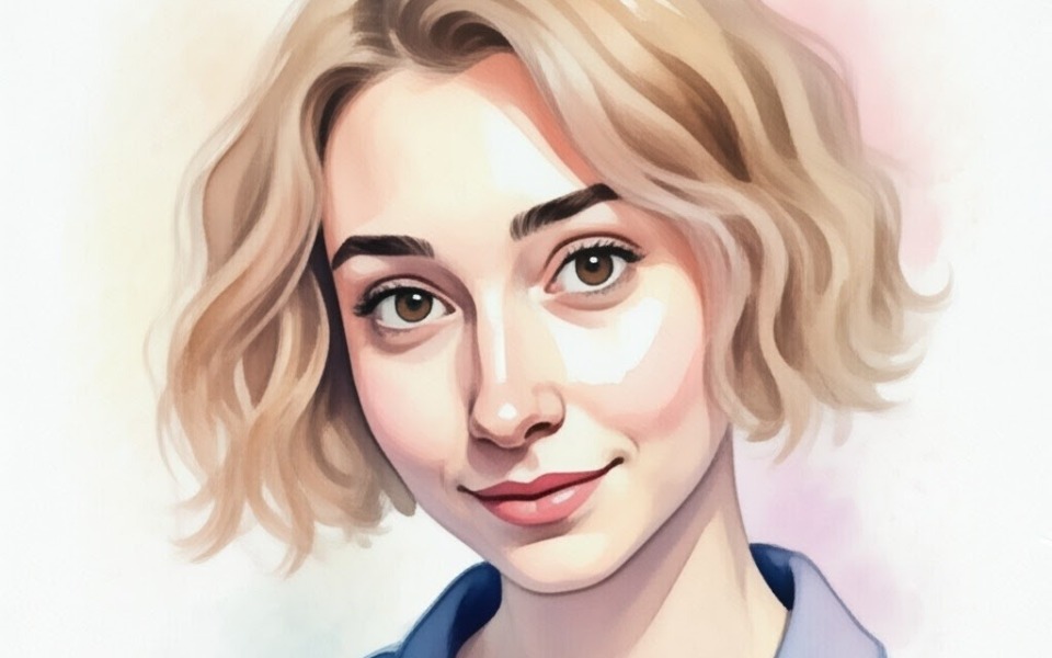 
        Ilustracja młodej kobiety z krótkimi włosami, uśmiechającej się.
    