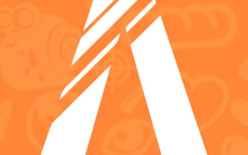 
        Logo z literą A na tle kolorowych grafik.
    