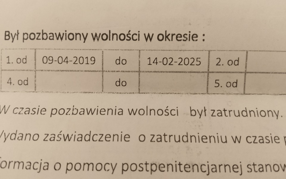 Dokument z datami pozbawienia wolności i informacjami o zatrudnieniu.