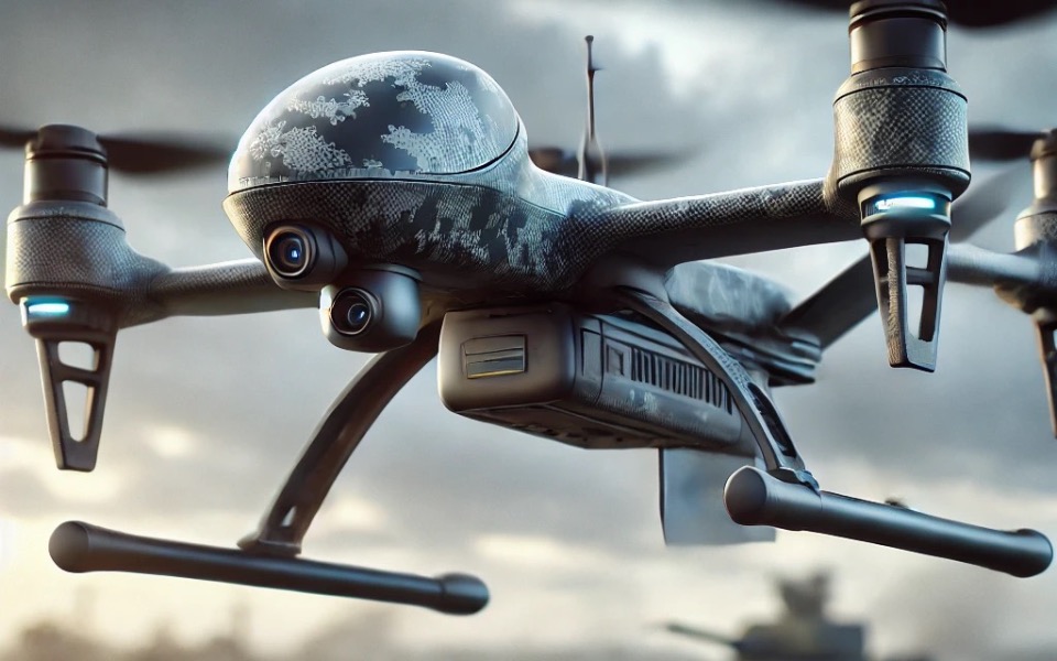 
        Dron w locie, z widokiem na otoczenie.
    