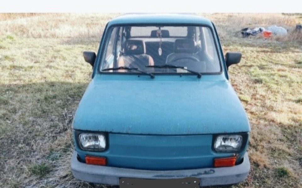 
        Stary samochód na tle trawy, z widocznymi zarysowaniami.
    