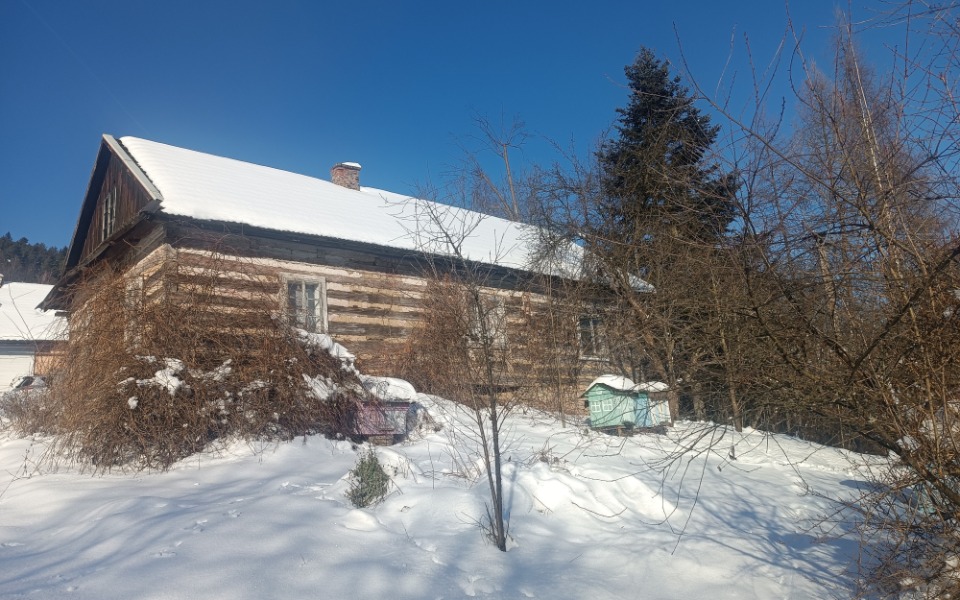
        Zimowy widok na drewniany dom otoczony śniegiem.
    