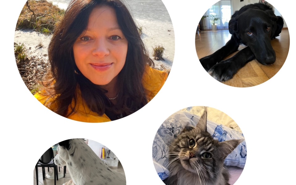 
        Kolaż zdjęć przedstawiający kobietę i jej zwierzęta.
    