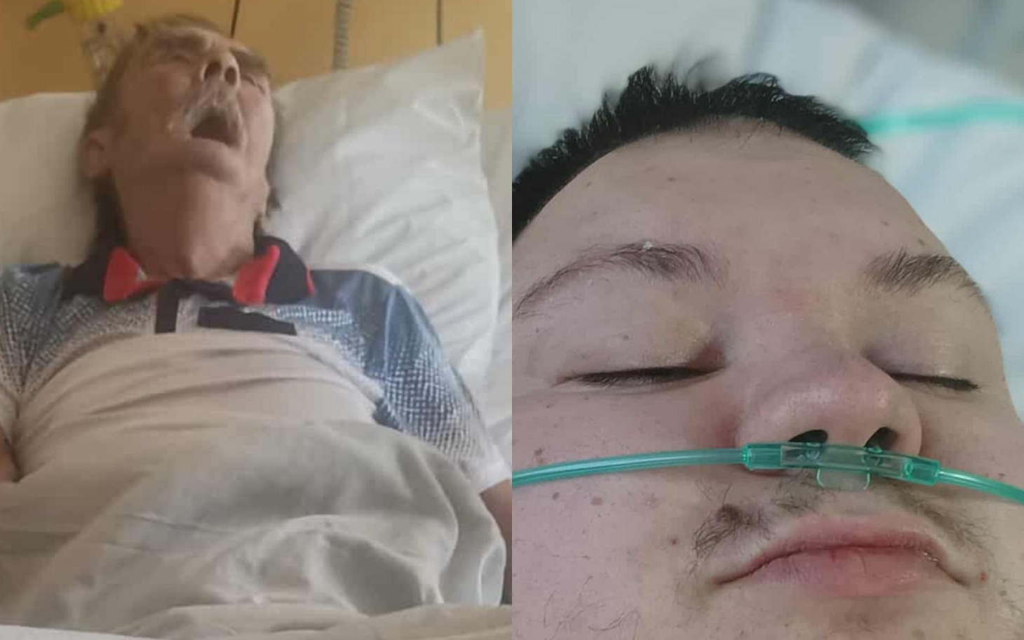 
        Dwie osoby w szpitalu, jedna z nich na łóżku, druga obok.
    