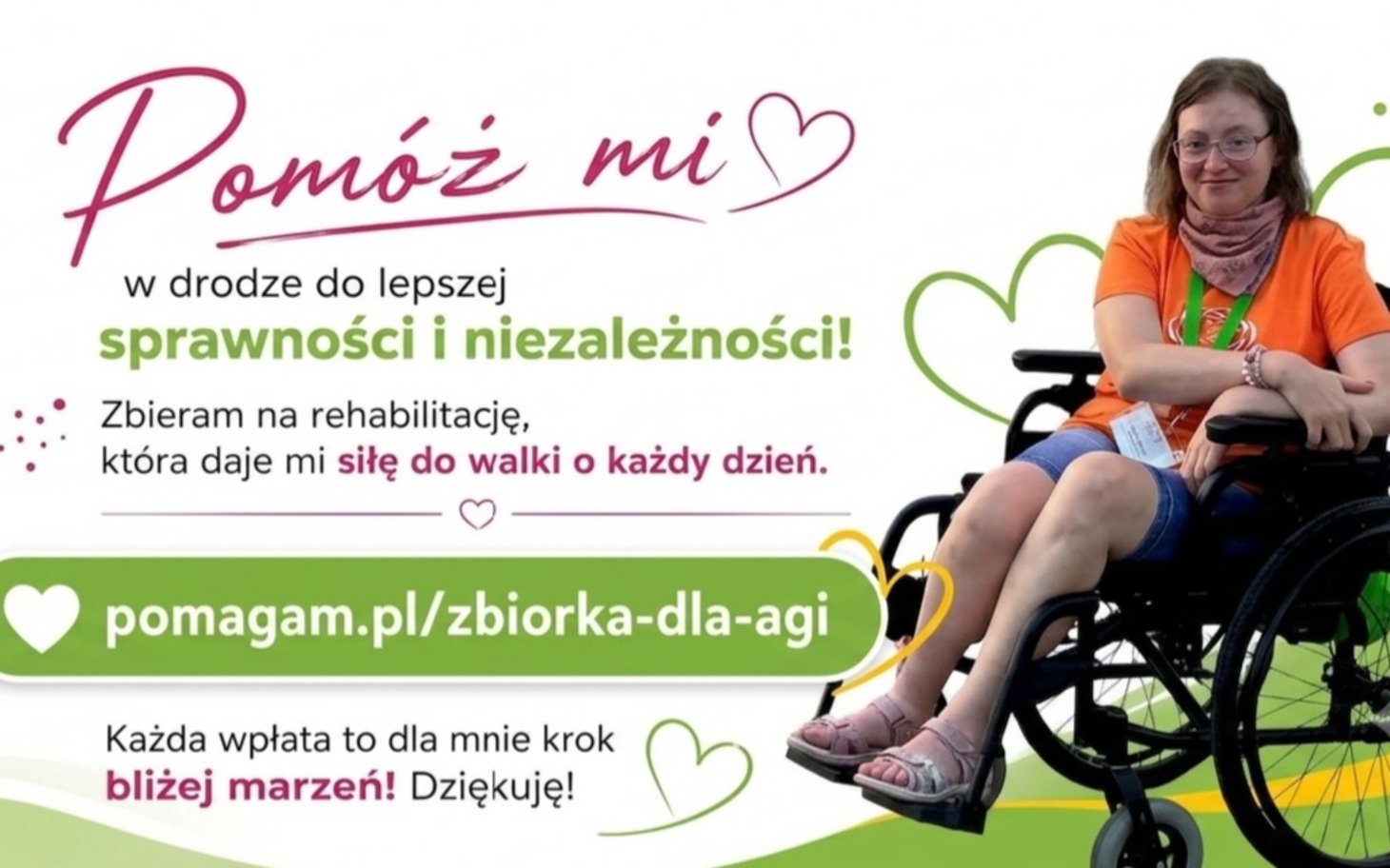 
        Uśmiechnięta osoba promuje zbiórkę na rehabilitację i pomoc.
    