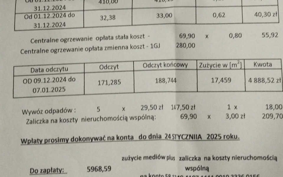 
        Dokument z odczytami mediów i kosztami, z datą płatności.
    