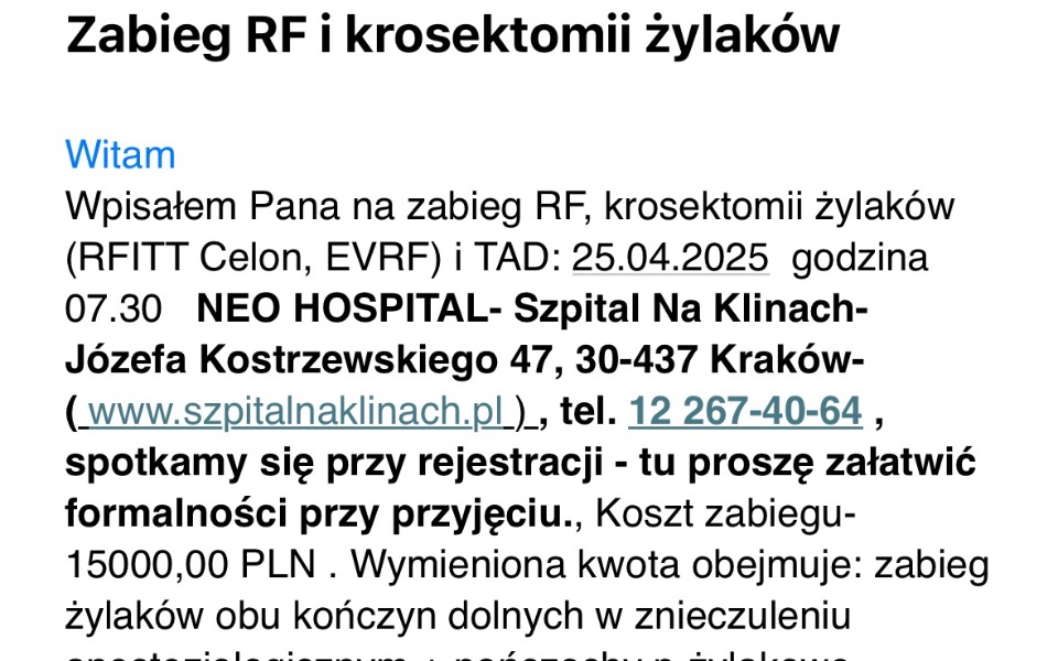 
        Dokument dotyczący zabiegu medycznego w szpitalu.
    