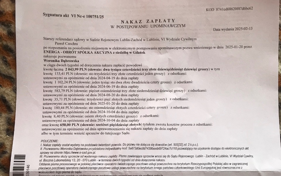 
        Dokument z informacjami prawnymi, zawierający szczegóły dotyczące postępowania.
    