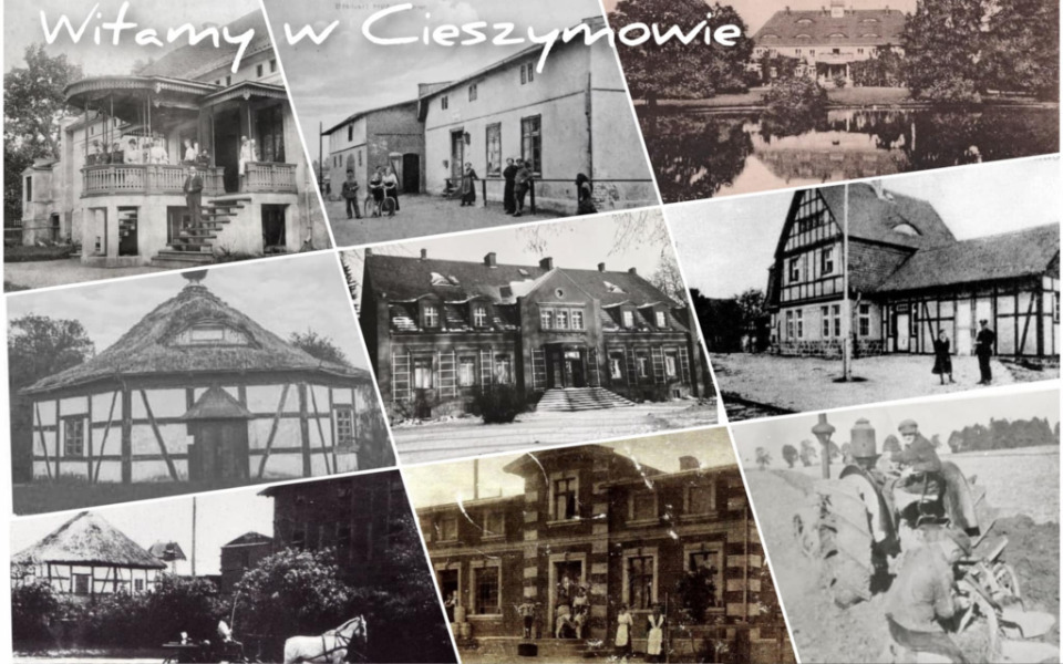 
        Kolaż historycznych zdjęć Cieszynowa, ukazujący architekturę i życie mieszkańców.
    