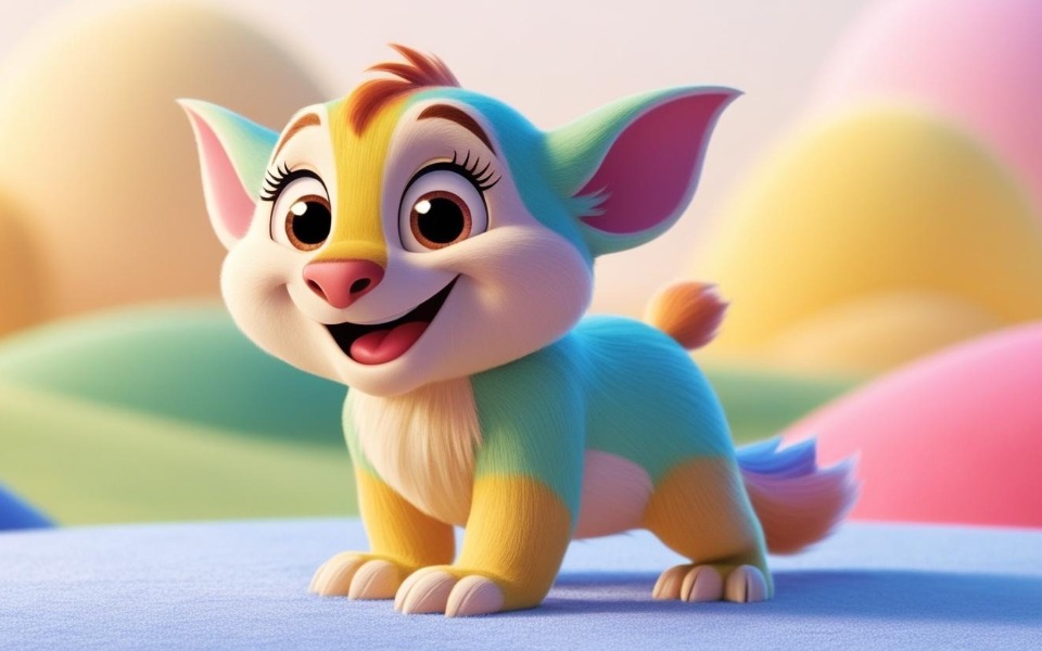 
        Kolorowy piesek z uśmiechem na tle pastelowych kształtów.
    