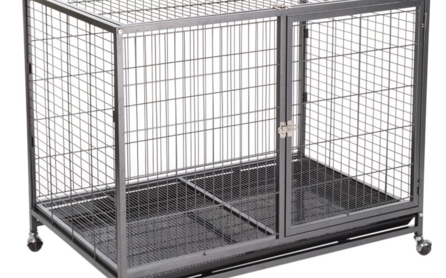 Metalowa klatka dla zwierząt, z otwartymi drzwiami.