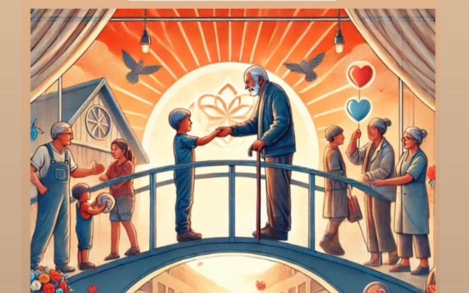 
        Ilustracja przedstawiająca spotkanie pokoleń na moście.
    