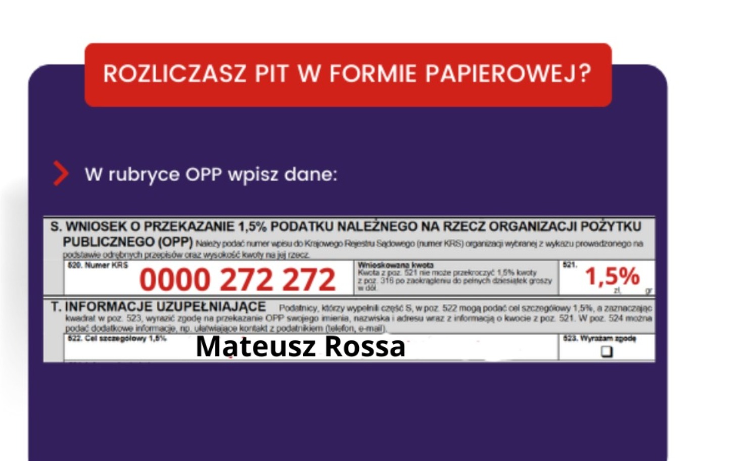 
        Formularz PIT z danymi do przekazania 1,5% podatku.
    