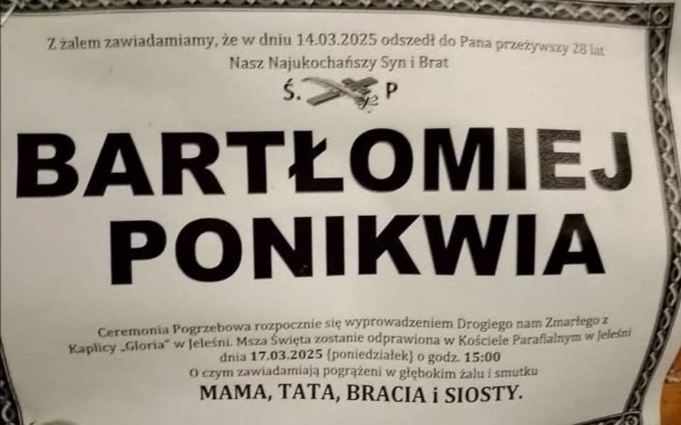 
        Ogłoszenie o pogrzebie Bartłomieja Ponikwi.
    