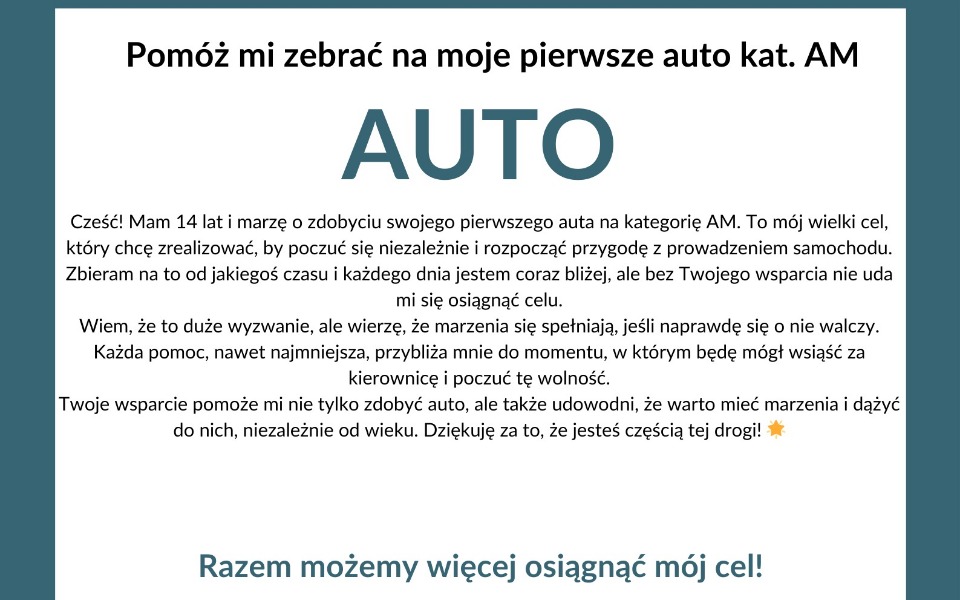 
        Ogłoszenie o zbiórce na pierwsze auto kat. AM.
    