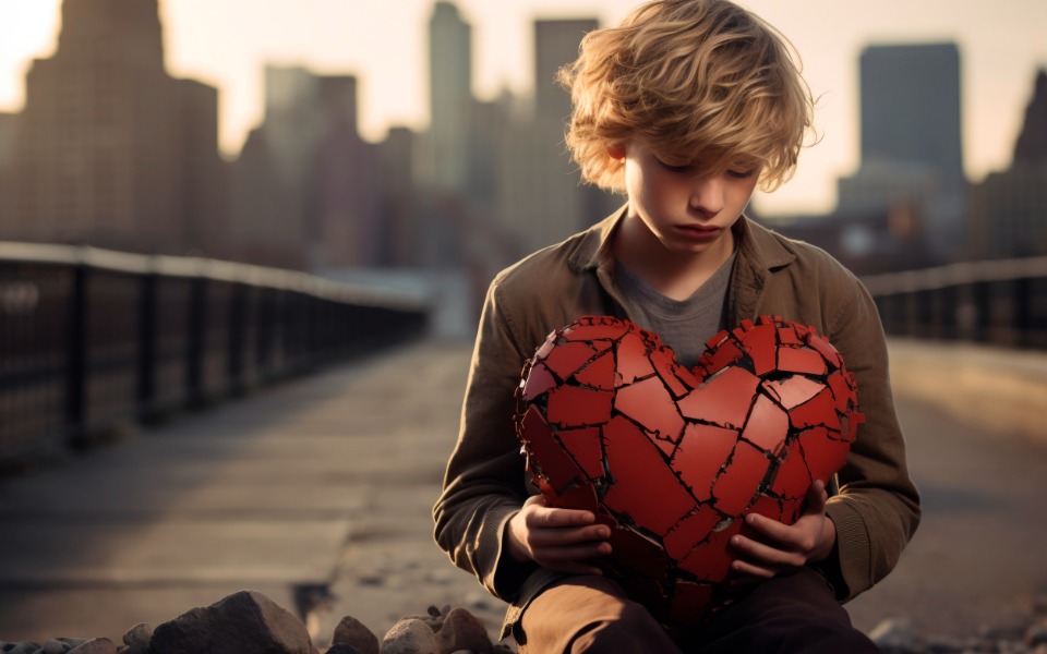 
        Chłopiec trzyma złamane serce, symbolizujące smutek.
    