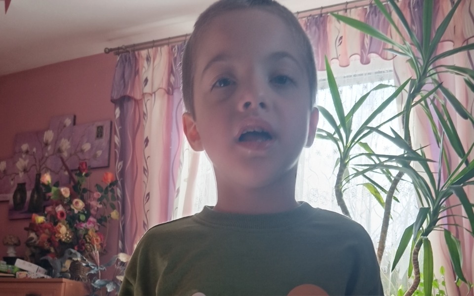 
        Chłopiec śpiewa w domu, otoczony roślinami.
    