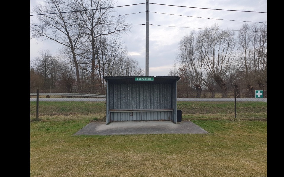 
        Pusty przystanek autobusowy na tle drzew.
    