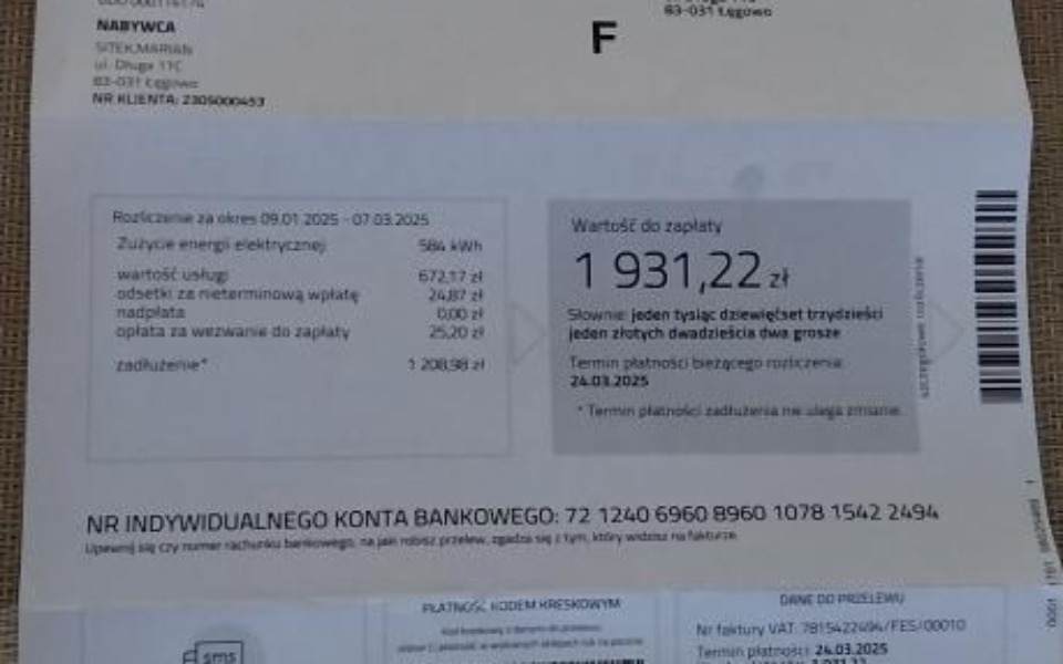 
        Rachunek z informacjami o płatności.
    