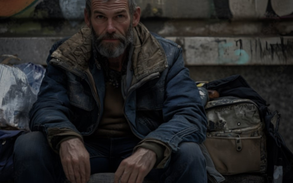 
        Mężczyzna siedzący na ławce, z torbą obok.
    