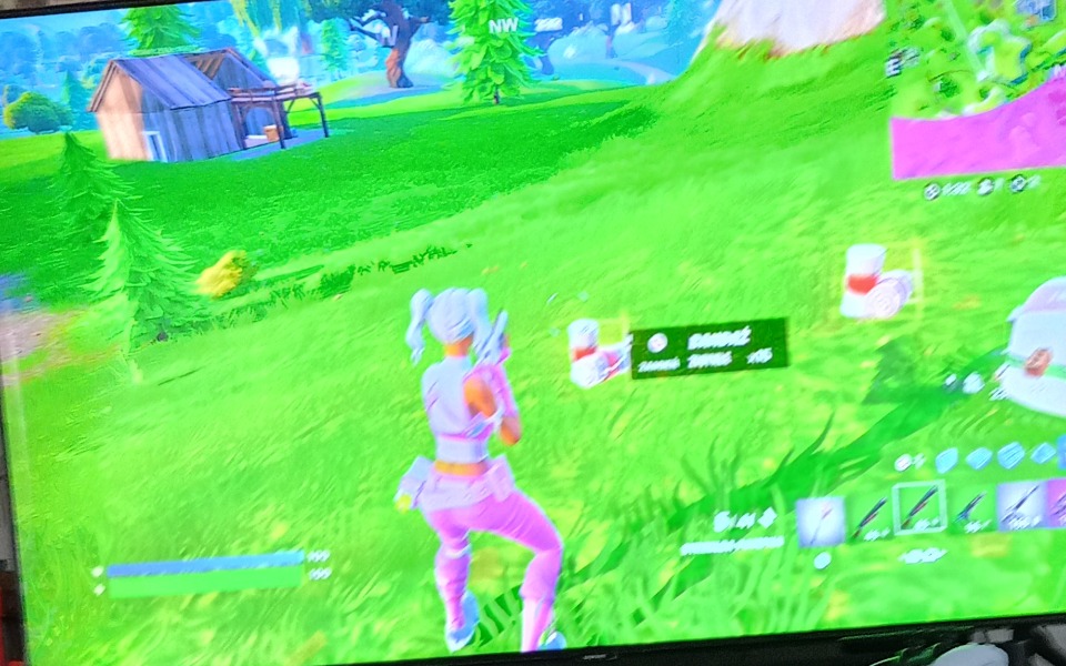 
        Postać w grze Fortnite zbiera przedmioty na zielonej łące.
    