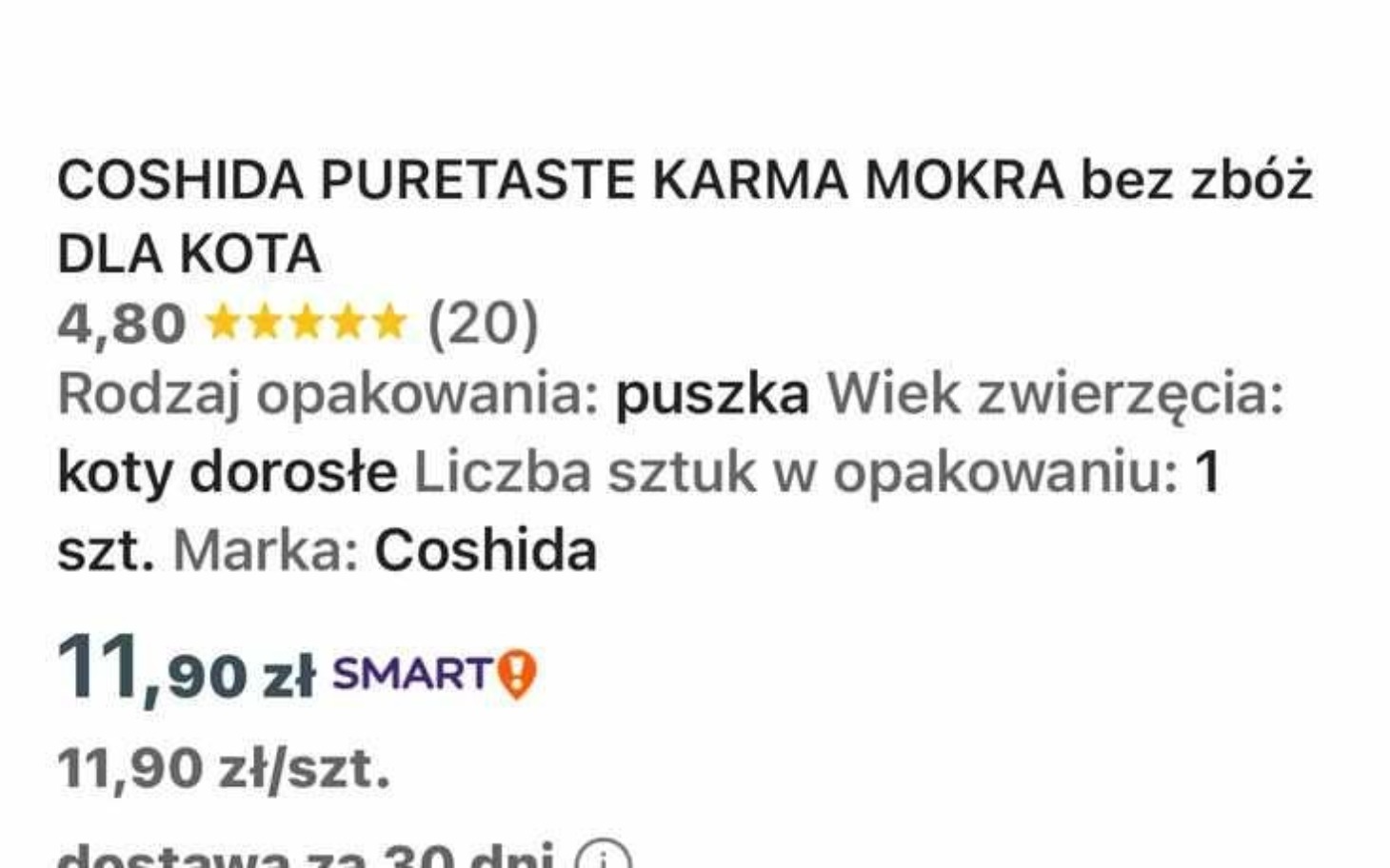 
        Informacja o karmie dla kota, cena i szczegóły produktu.
    
