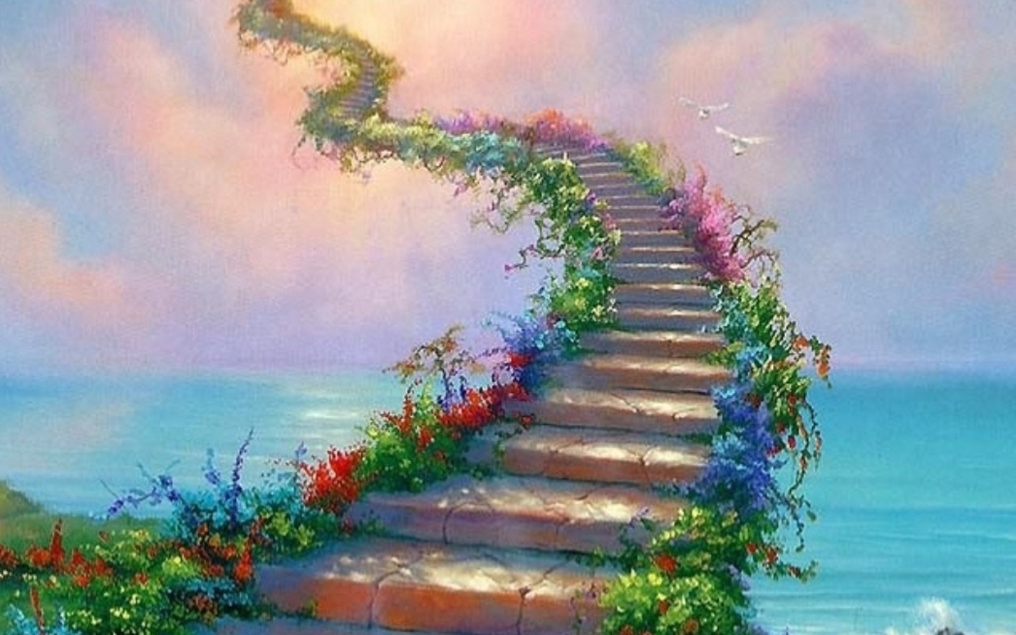 
        Malownicze schody prowadzące do nieba, otoczone kwiatami.
    