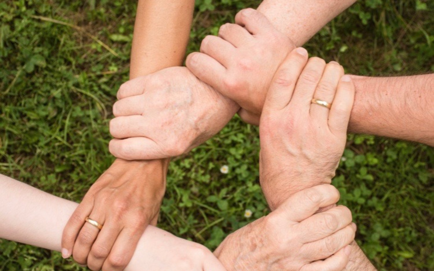 
        Ręce różnych osób splatają się w symbolu jedności.
    